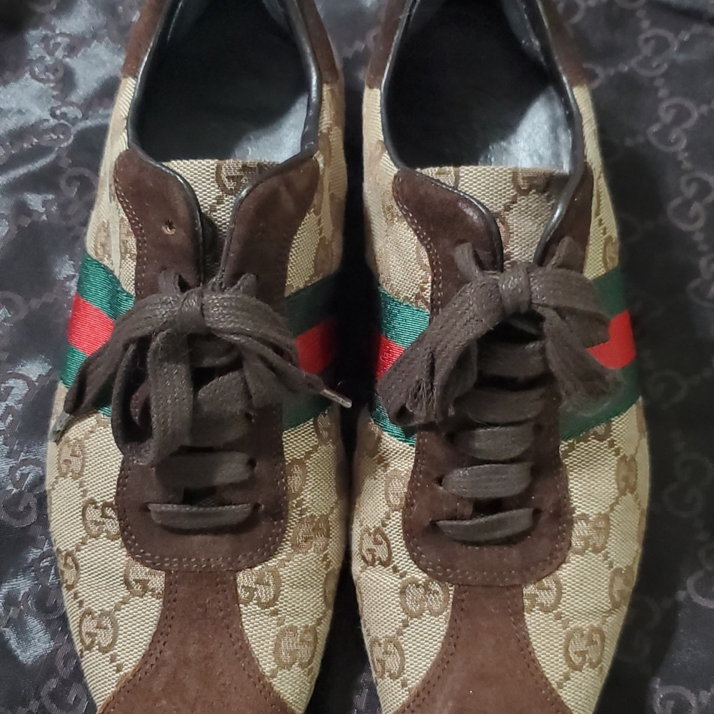 Gucci Beige/Brown GG Canvas and Suede Ace Vintage Web Lace Up Sneakers Sz 7